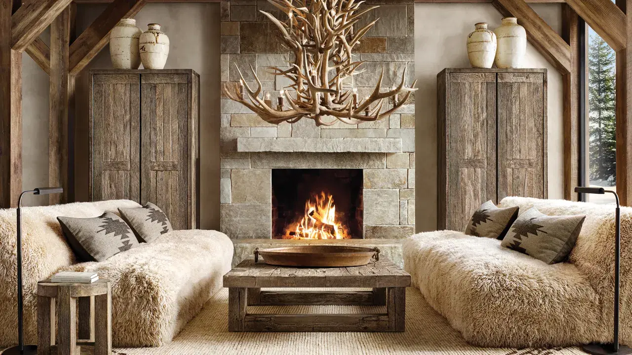 yeti sheepskin in front of fireplace
